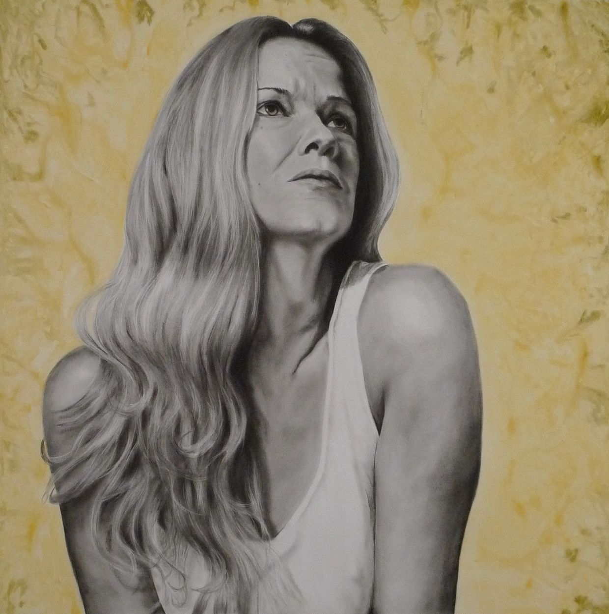 Realistic portrait of a woman with long hair against a yellow textured background.