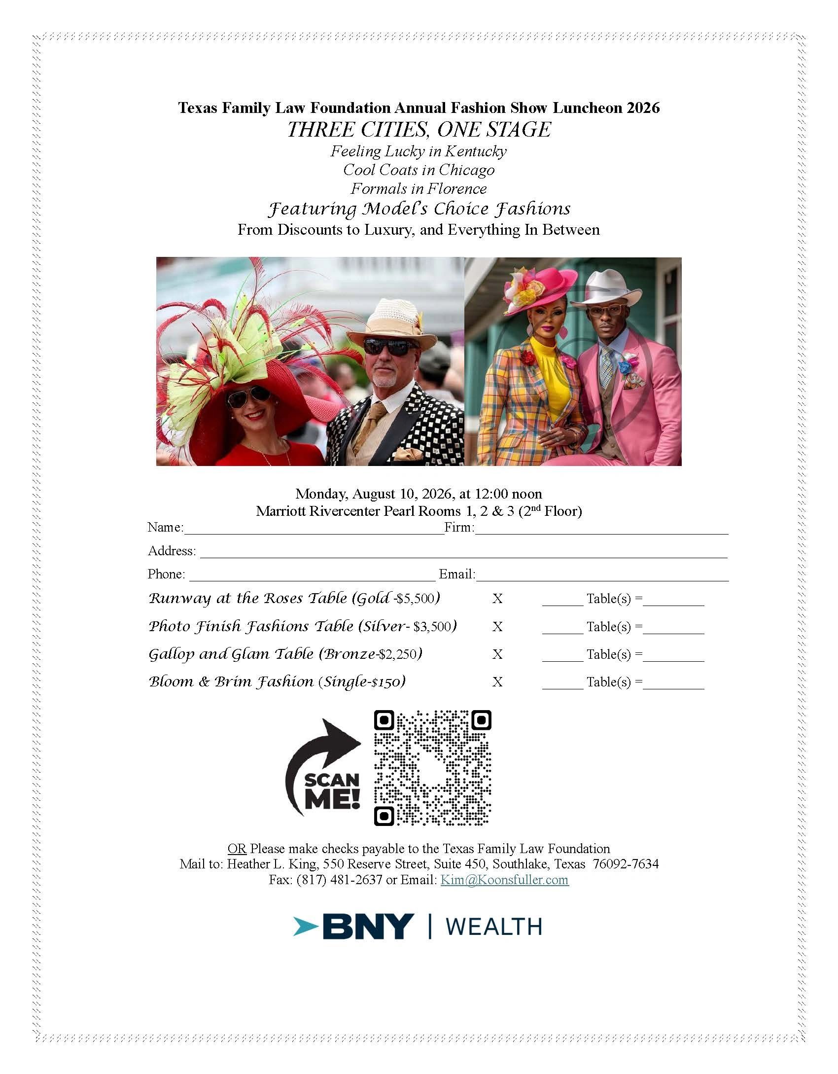 Invitation flyer for Texas Family Law Foundation Annual Fashion Show Luncheon 2026.