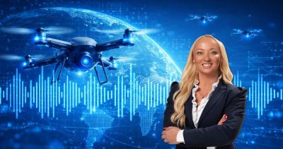 Businesswoman with drone and digital globe background.