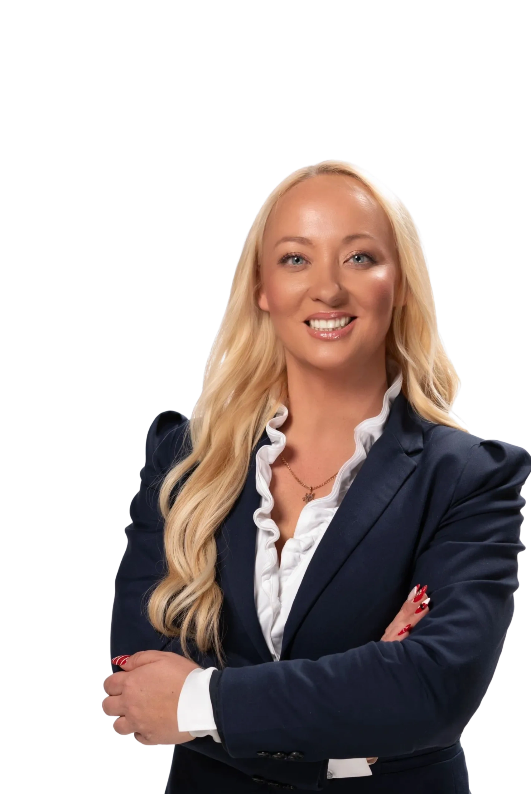 Confident woman in business attire with blonde hair.