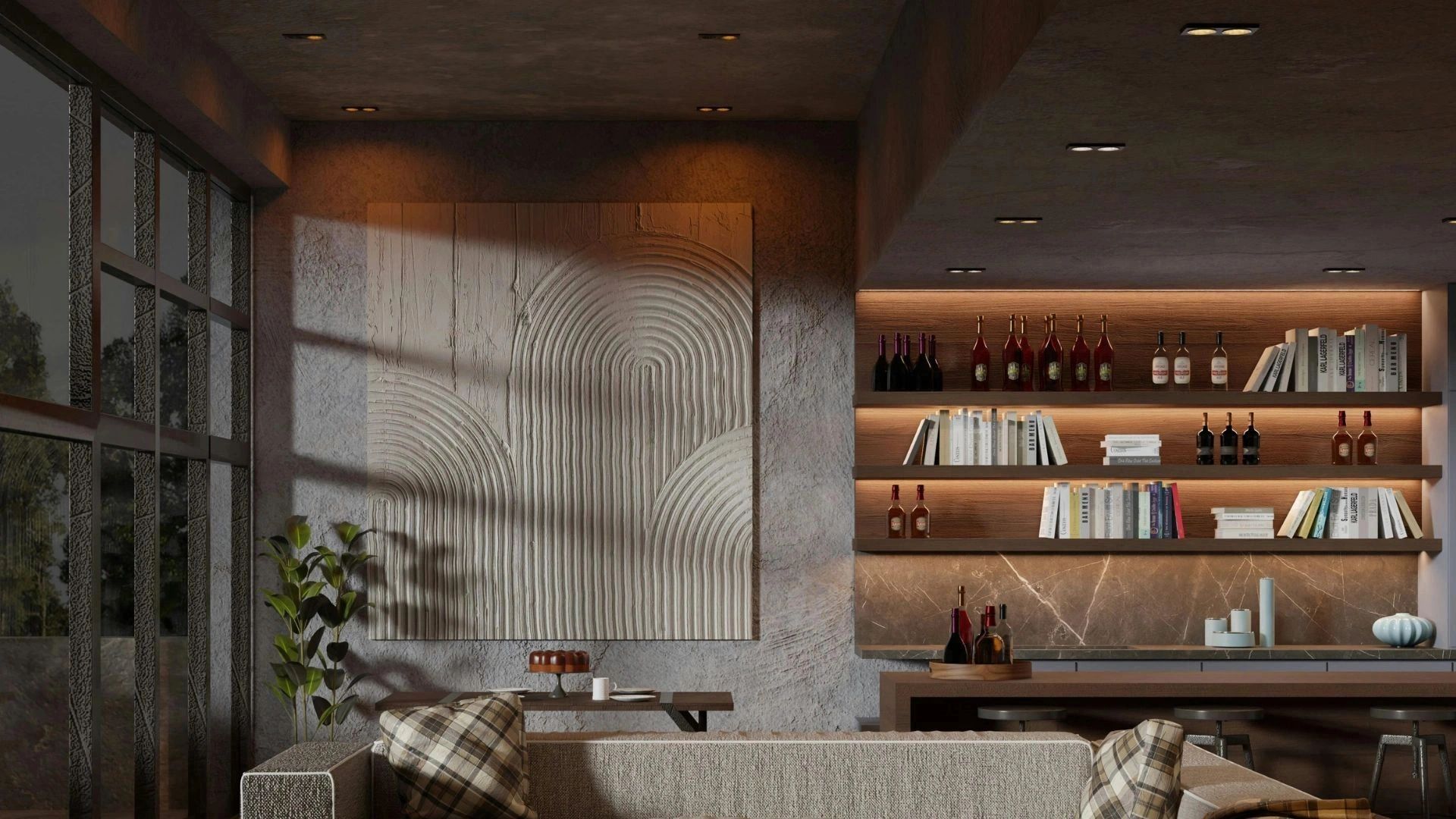 Modern living room with textured wall art and illuminated shelves of books and bottles.