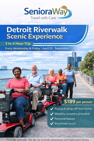 Seniors enjoy a Detroit Riverwalk scenic trip with mobility scooters and lunch.