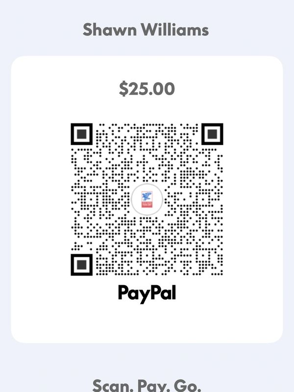 PayPal QR code for $25 payment to Shawn Williams.