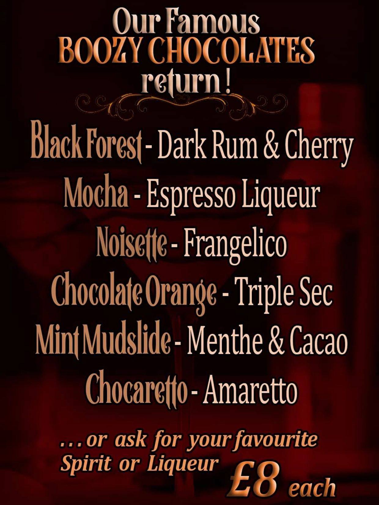 Menu of boozy chocolates with various liqueur flavors, priced at £8 each.