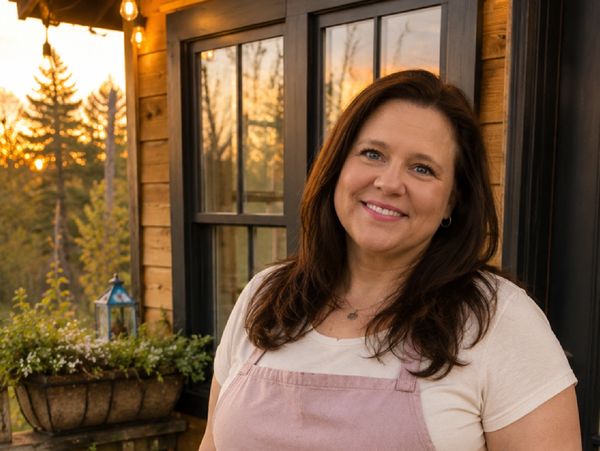 Woman smiling outdoors near wooden house at sunset.