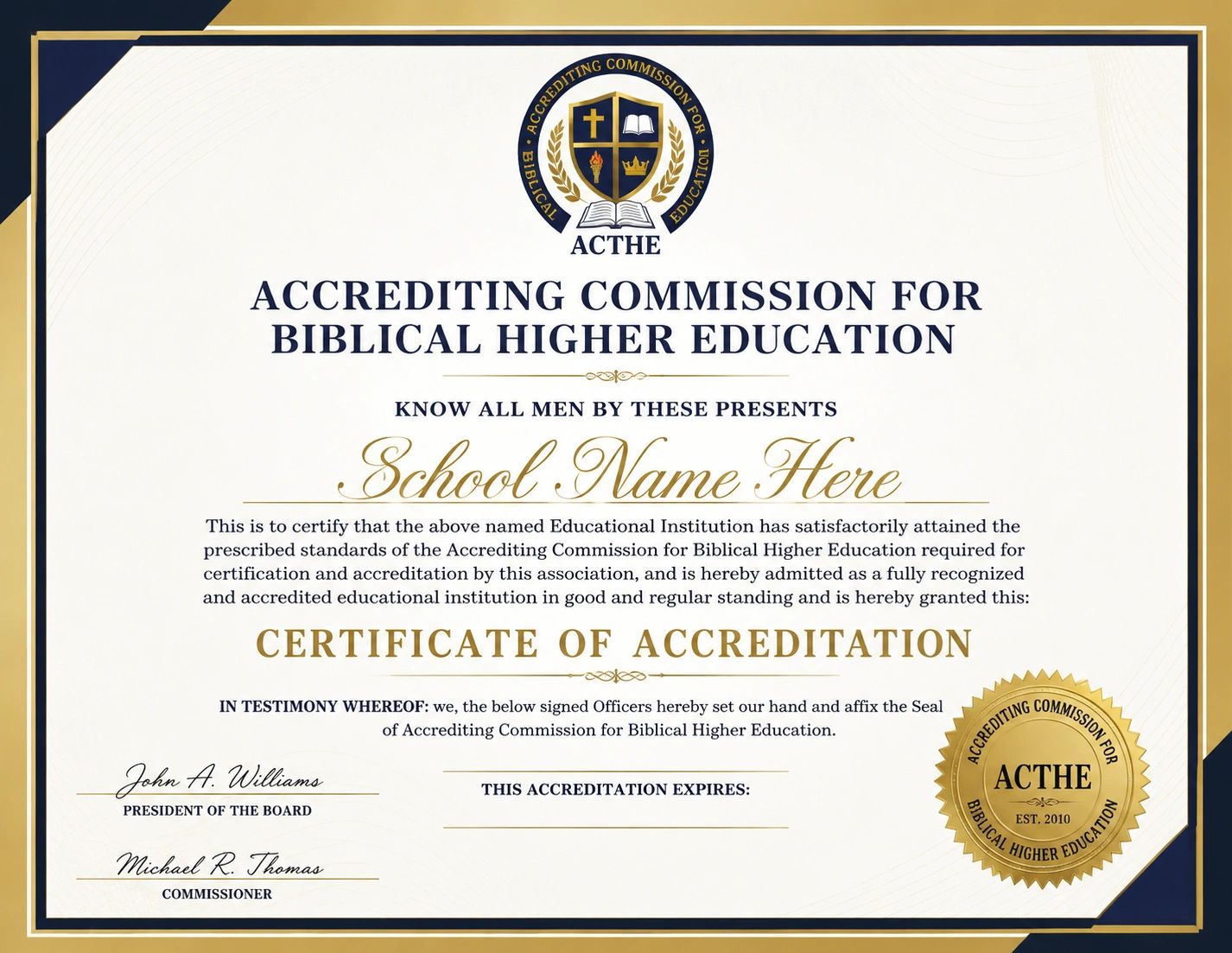 Certificate of accreditation from the Accrediting Commission for Biblical Higher Education.