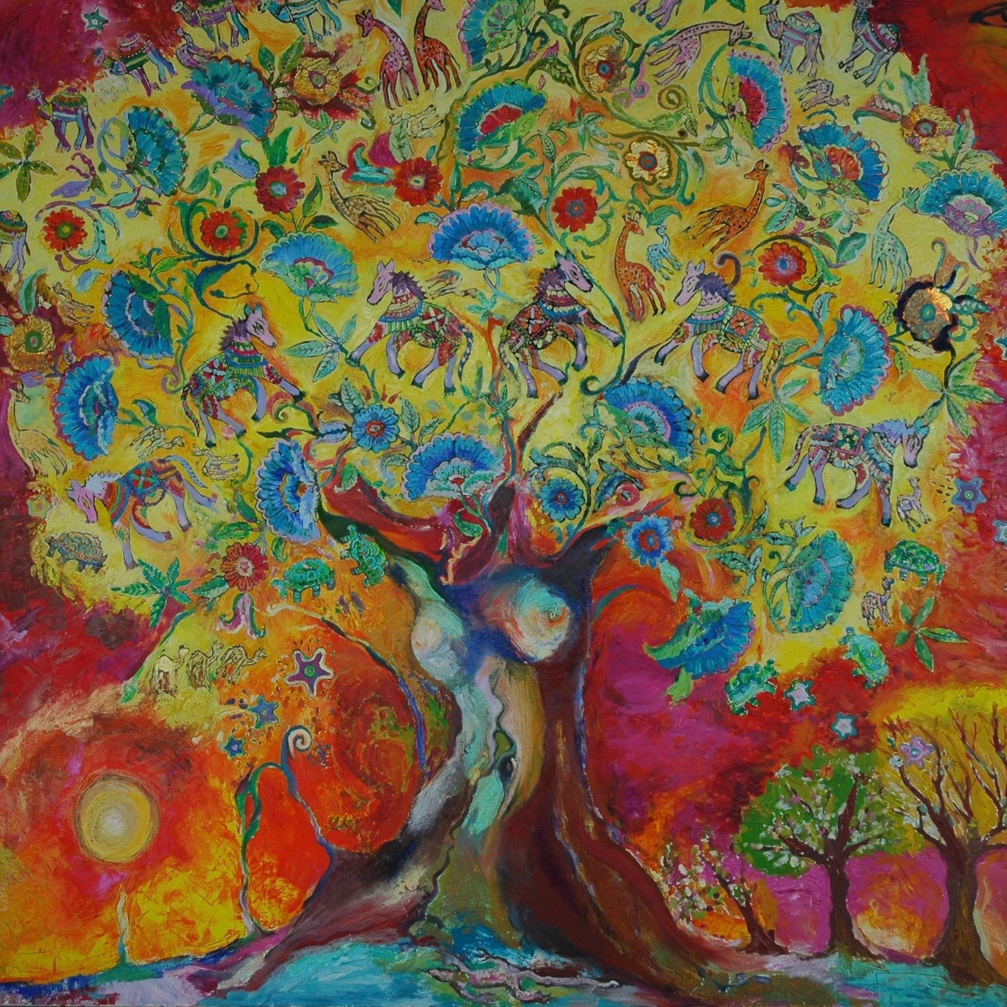Autumn scene with a Tree of Life bathed in a vibrant sunset