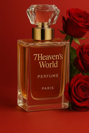 Elegant perfume bottle with red roses on a matching red background.