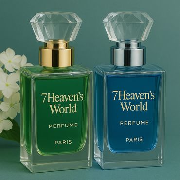 Two elegant perfume bottles from 7Heaven's World, one green and one blue.