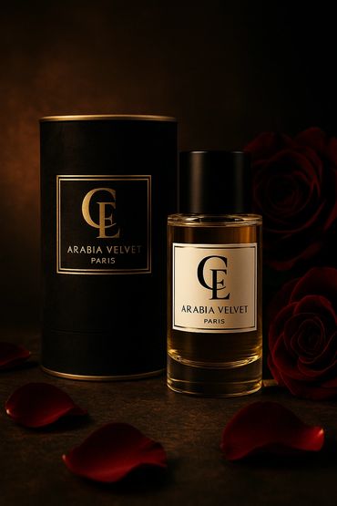 Arabia Velvet Paris perfume bottle and packaging with rose petals.