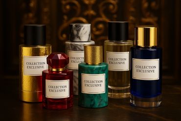 Elegant collection of exclusive perfume bottles in various luxurious designs and colors.