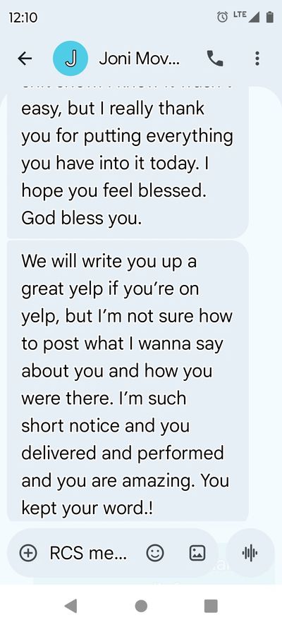 A heartfelt message expressing gratitude and praise for great service and reliability.