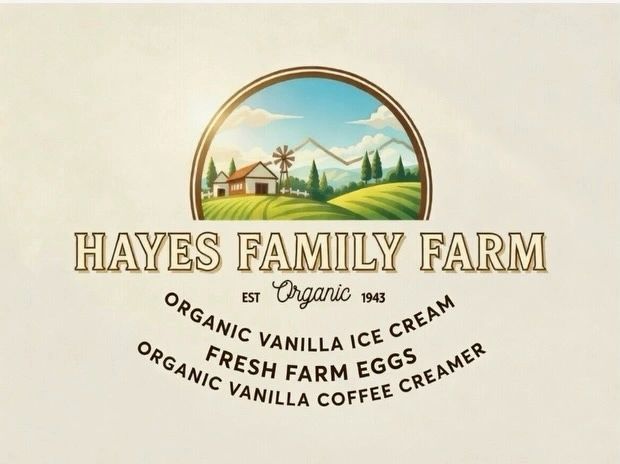 Logo for Hayes Family Farm featuring organic products like ice cream, eggs, and coffee creamer.