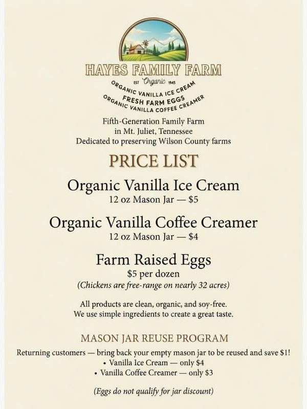 Price list for organic products from Hayes Family Farm in Mt. Juliet, Tennessee.