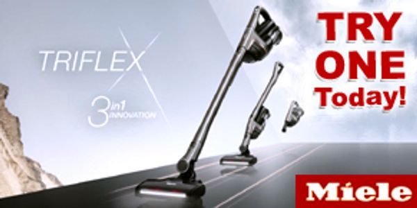 Sleek Miele Triflex vacuum with 3-in-1 innovation, encouraging you to try it today.