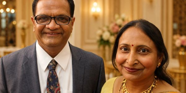 Portrait of a smiling Indian couple in formal attire.