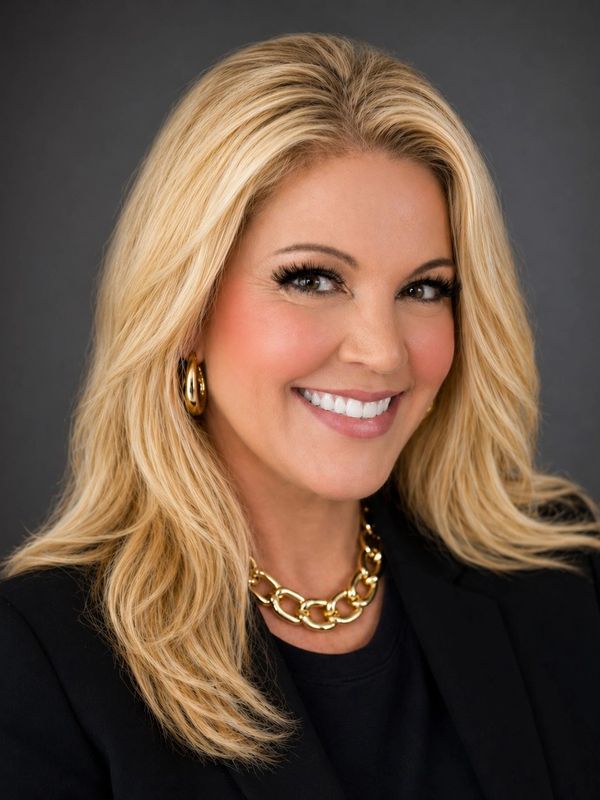 Smiling woman with blonde hair and gold jewelry.