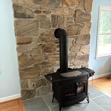 New England Field stone veneer for wood stove including bluestone hearth in Bloomfield CT