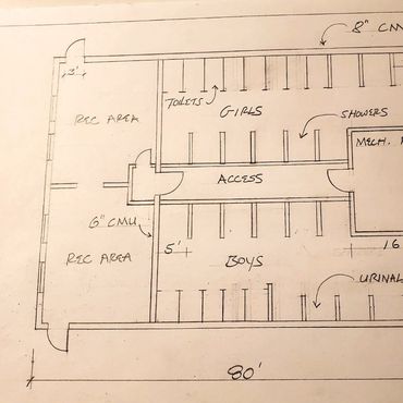 A recreation space with bathrooms building concept drawing by Gannon Enterprises LLC