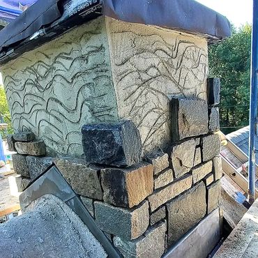 Stone veneer, mortar joints, scratch coat, plaster