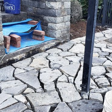 Stone is set and landing joints will be filled with mortar