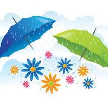 Two colorful umbrellas shelter vibrant flowers from rain.