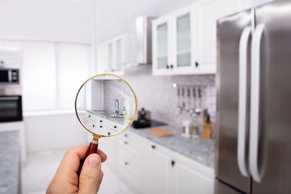 Hand holding magnifying glass, inspecting a clean, modern kitchen with white cabinets.