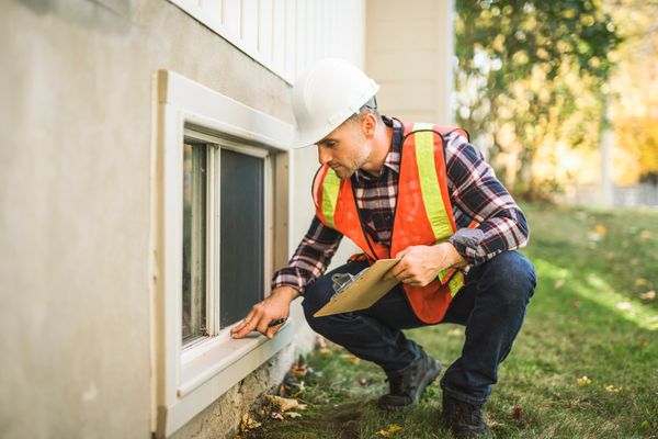 Man in hard hat and safety vest inspecting a basement window of a house, holding a clipboard.