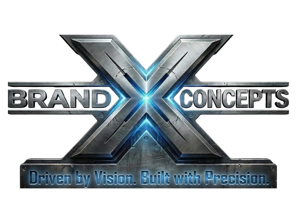 Metallic logo with 'Brand X Concepts' and tagline 'Driven by Vision. Built with Precision.'