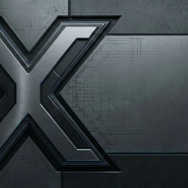 A sleek metallic 'X' on a dark textured background.