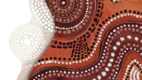 Close-up of Aboriginal dot painting with earthy tones and circular patterns.