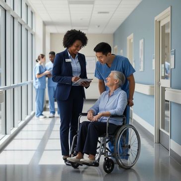 Healthcare professionals assisting a smiling elderly woman in a wheelchair in a hospital corridor.