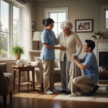 Two caregivers assist an elderly woman standing in a cozy living room.