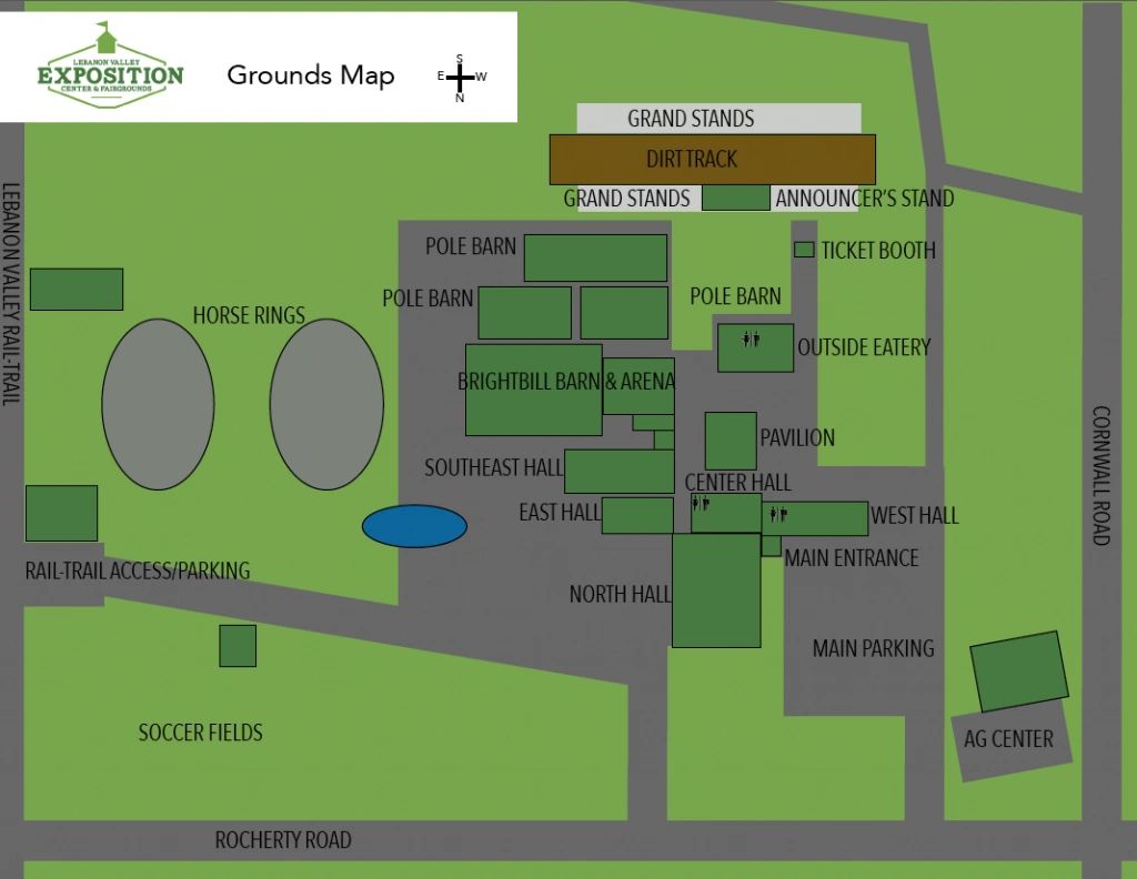 Map of Lebanon Valley Exposition grounds showing various barns, halls, and parking areas.