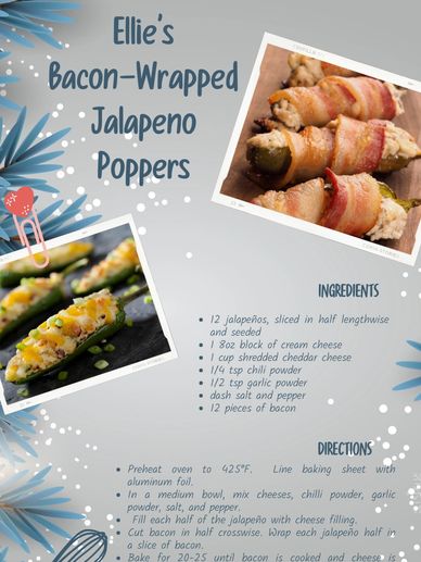 Recipe for bacon-wrapped jalapeno poppers with cheese filling and spices.