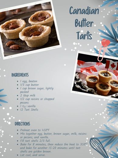 Recipe for Canadian Butter Tarts with ingredients and baking instructions.