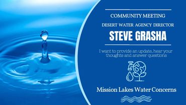 Community meeting announcement with water drop image and speaker Steve Grasha.