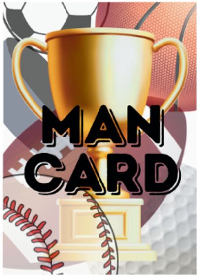 A golden trophy with sports balls and the words 'MAN CARD' overlayed.