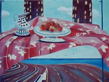 Painting art of fruits and water mug on the display