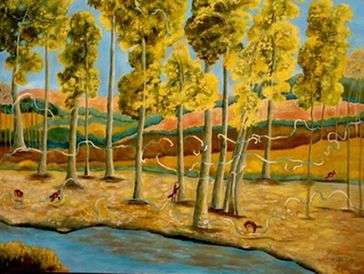 Long trees in the forest oil painting