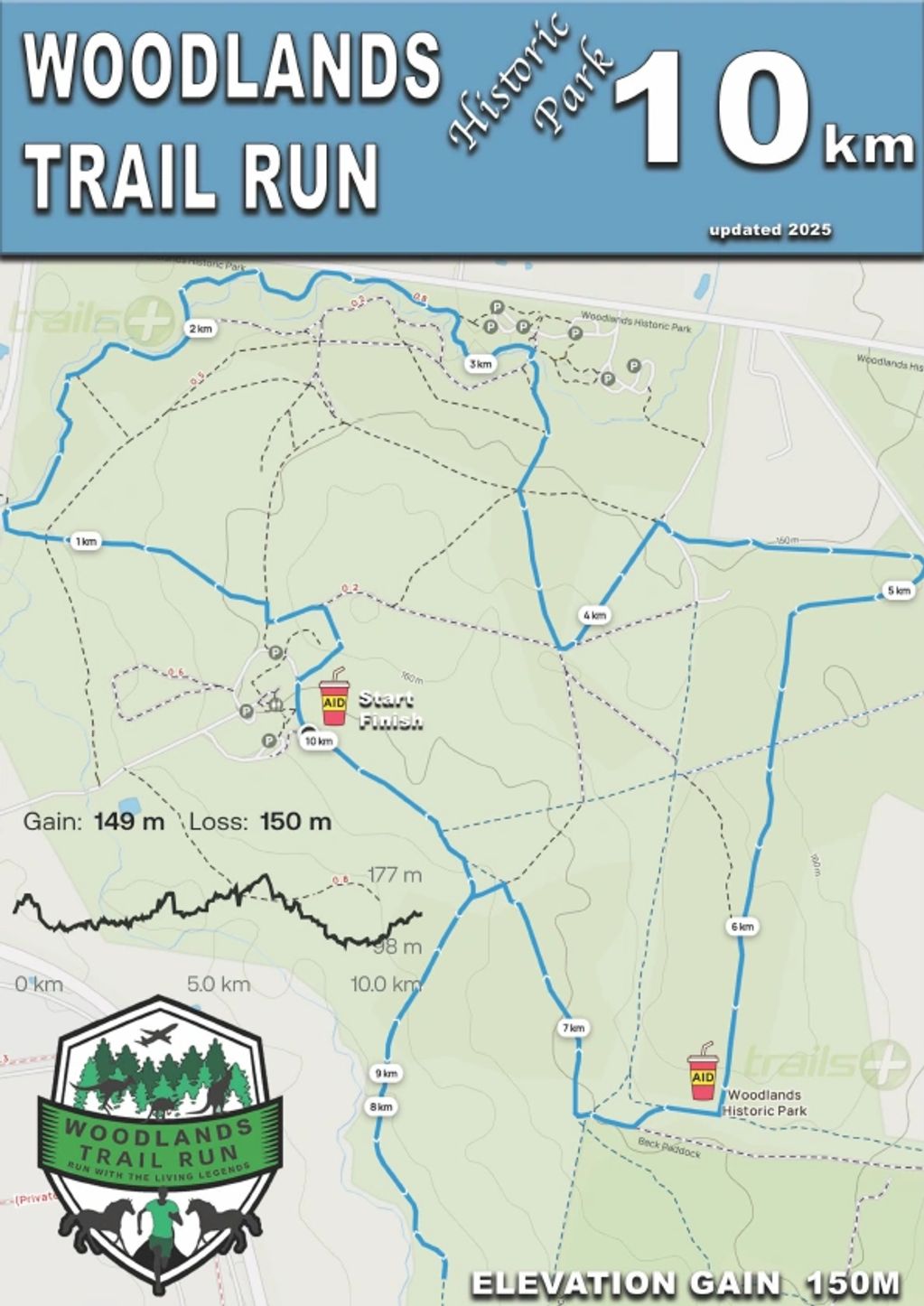 Map of Woodlands 10 km Trail Run in Historic Park with elevation details.