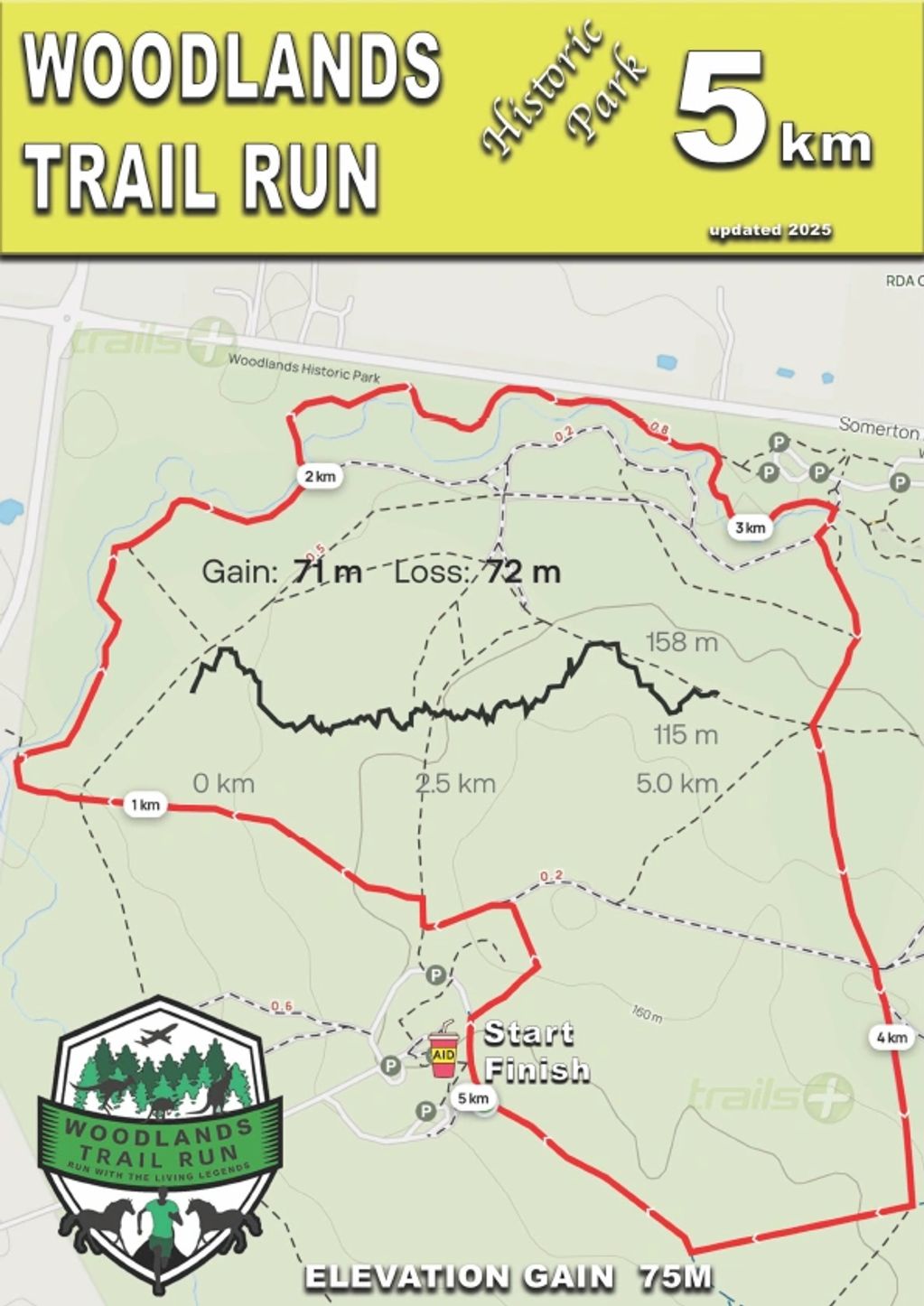 Map of Woodlands Trail Run 5km in Historic Park with elevation details.