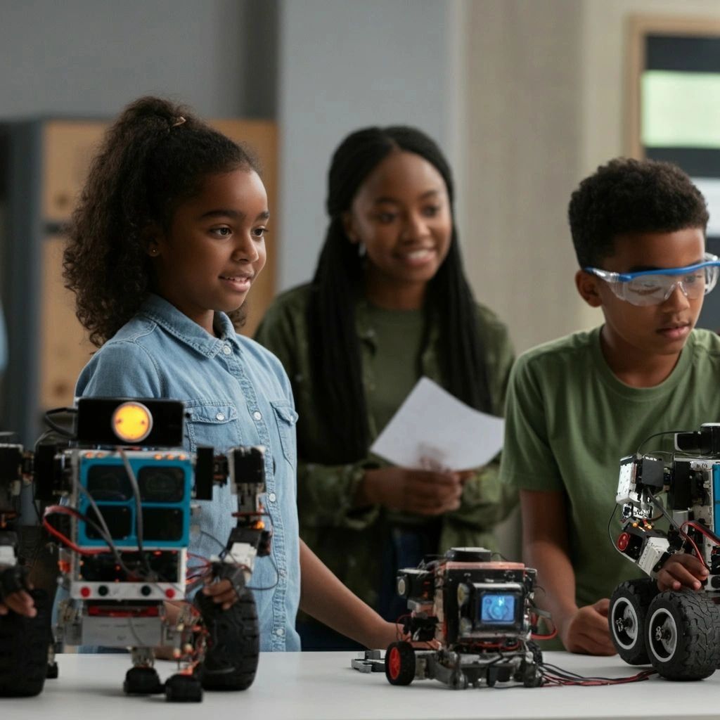 Children and a teacher engaged in a robotics class with various robots on the table.