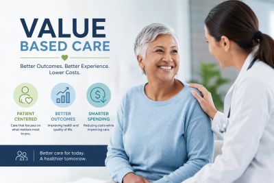 Healthcare professional supporting a smiling senior woman, highlighting value-based care principles.