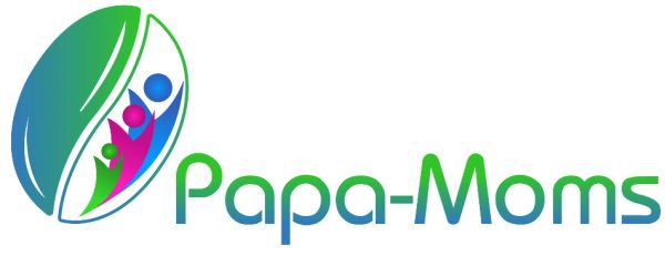 Papa-Moms logo with stylized family figures and leaf design.