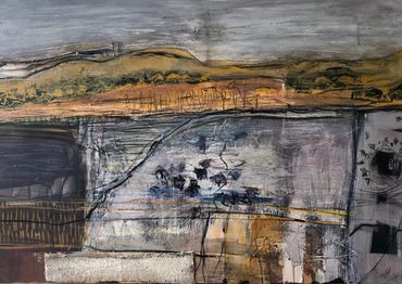 Abstract landscape painting with earthy tones and textured layers.