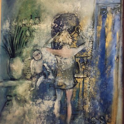 Child and doll in an abstract, textured room.
