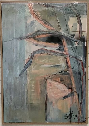 Abstract painting with muted tones and fluid lines.