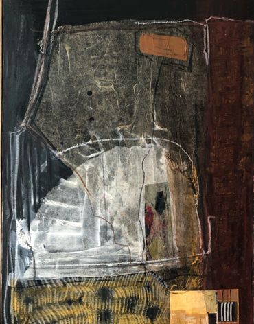 Abstract painting with dark tones, textured layers, and geometric shapes.