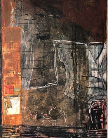 Abstract mixed media artwork with layered textures and earthy tones.